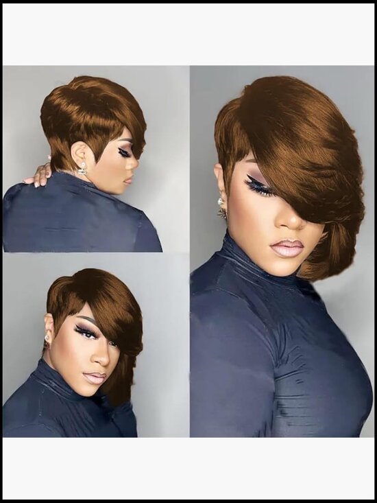 Glueless Short Layered Pixie Cut Straight Human Hair Wig With Bangs Side Part main image 7